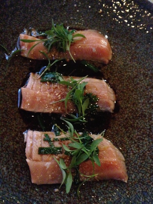 Scottish Salmon Belly with Cilantro, Ginger, Hot Sesame Oil Drizzle