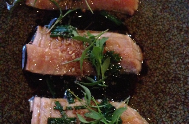 Scottish Salmon Belly with Cilantro, Ginger, Hot Sesame Oil Drizzle